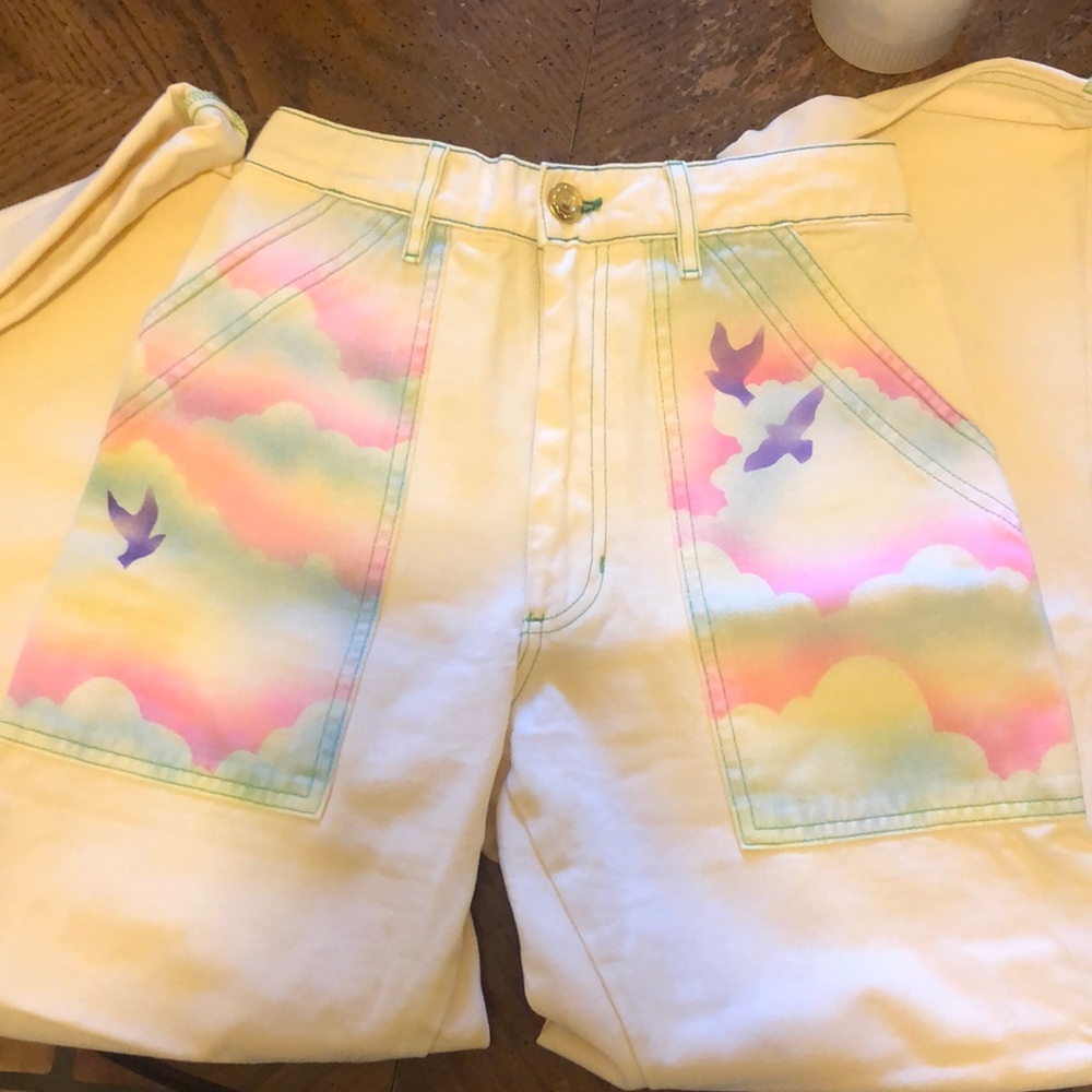 Big Bud Press White Wide Leg Pants with Pastel Rainbow Pocket Art